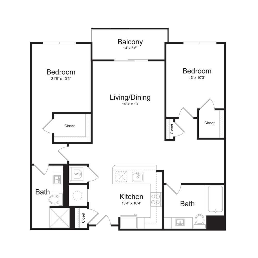 Two Bedroom/Two Bath (2M-A) Balcony floor plan