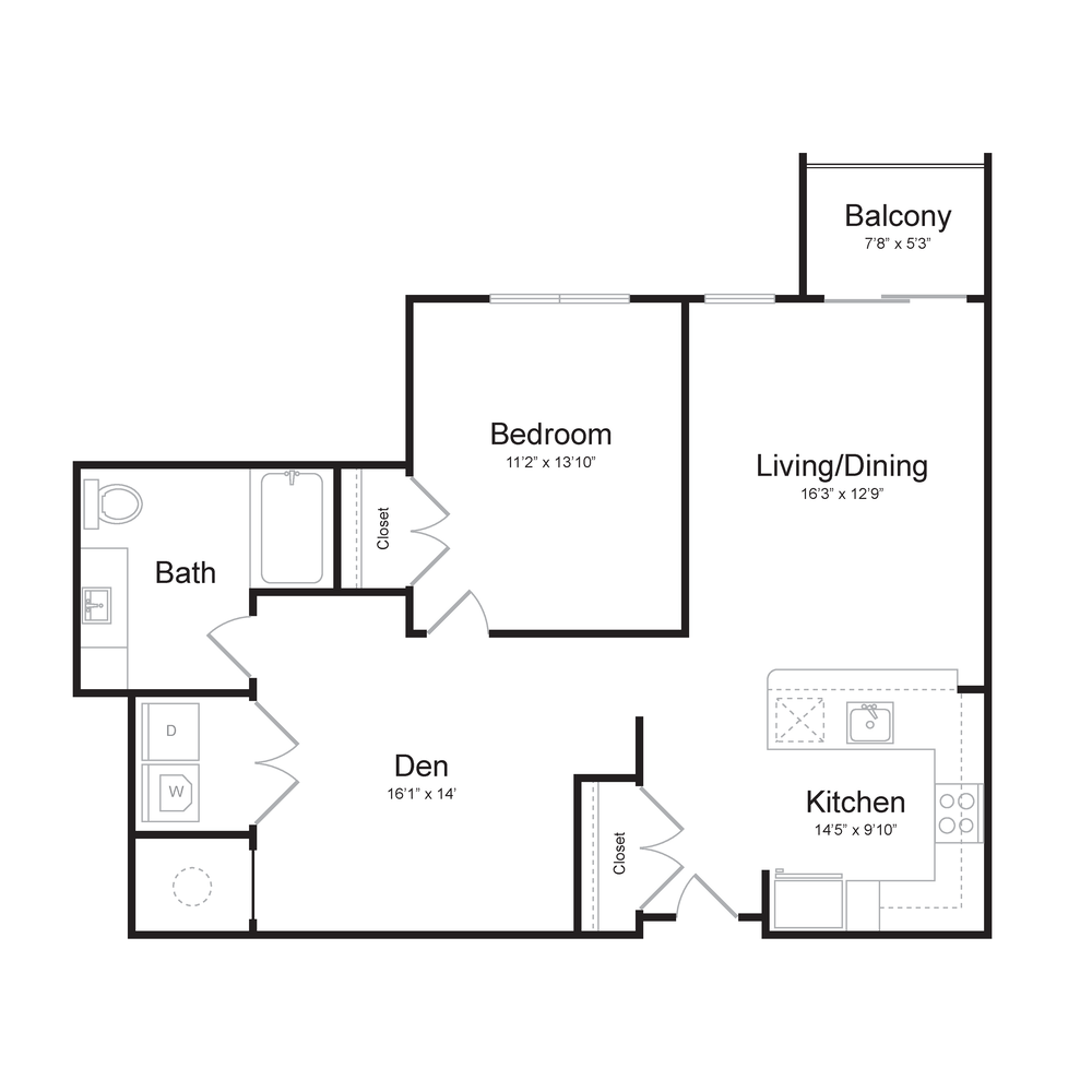 One Bedroom/One Bath (1N-B) Den and Balcony floor plan