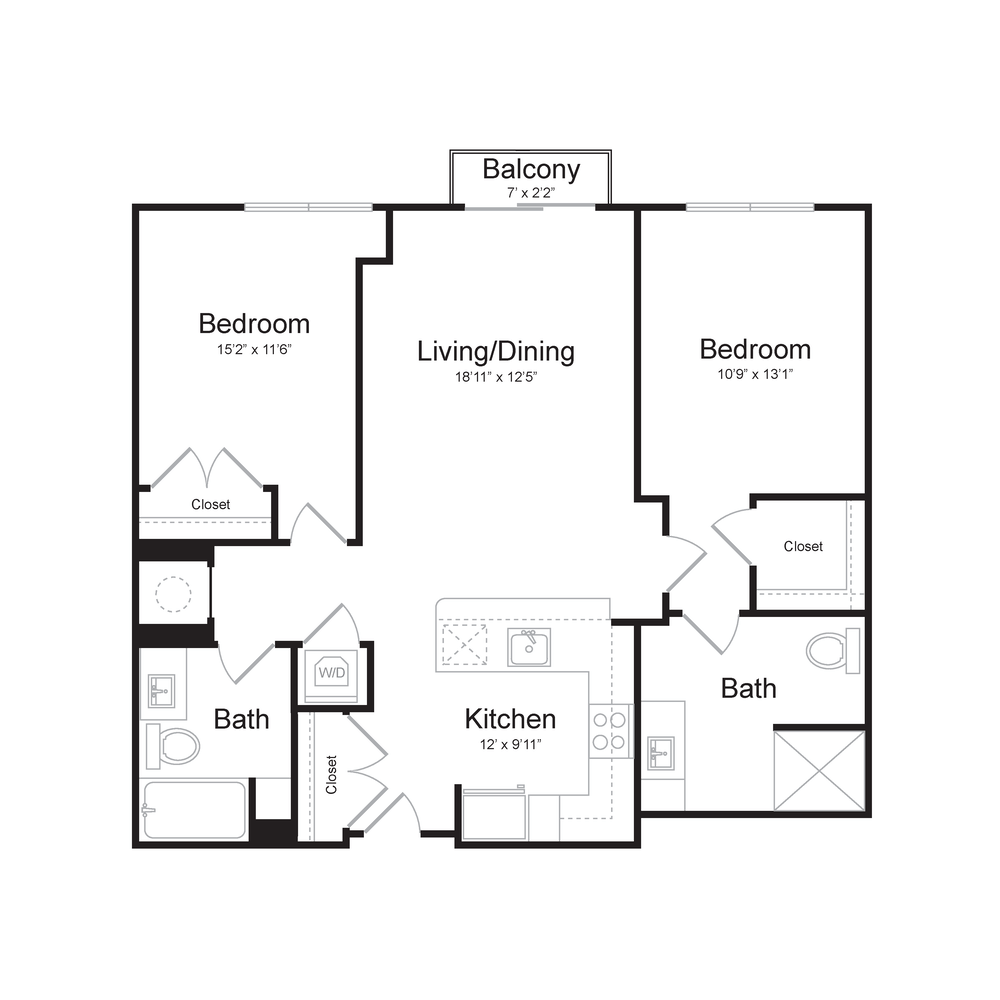 Two Bedroom/Two Bath (2C-A) Balcony floor plan