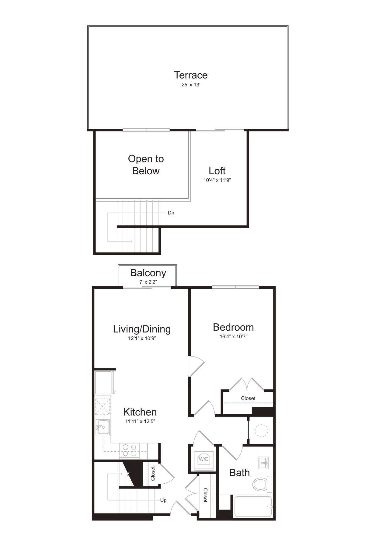 One Bedroom/One Bath (1BL-A) Loft and Terrace floor plan