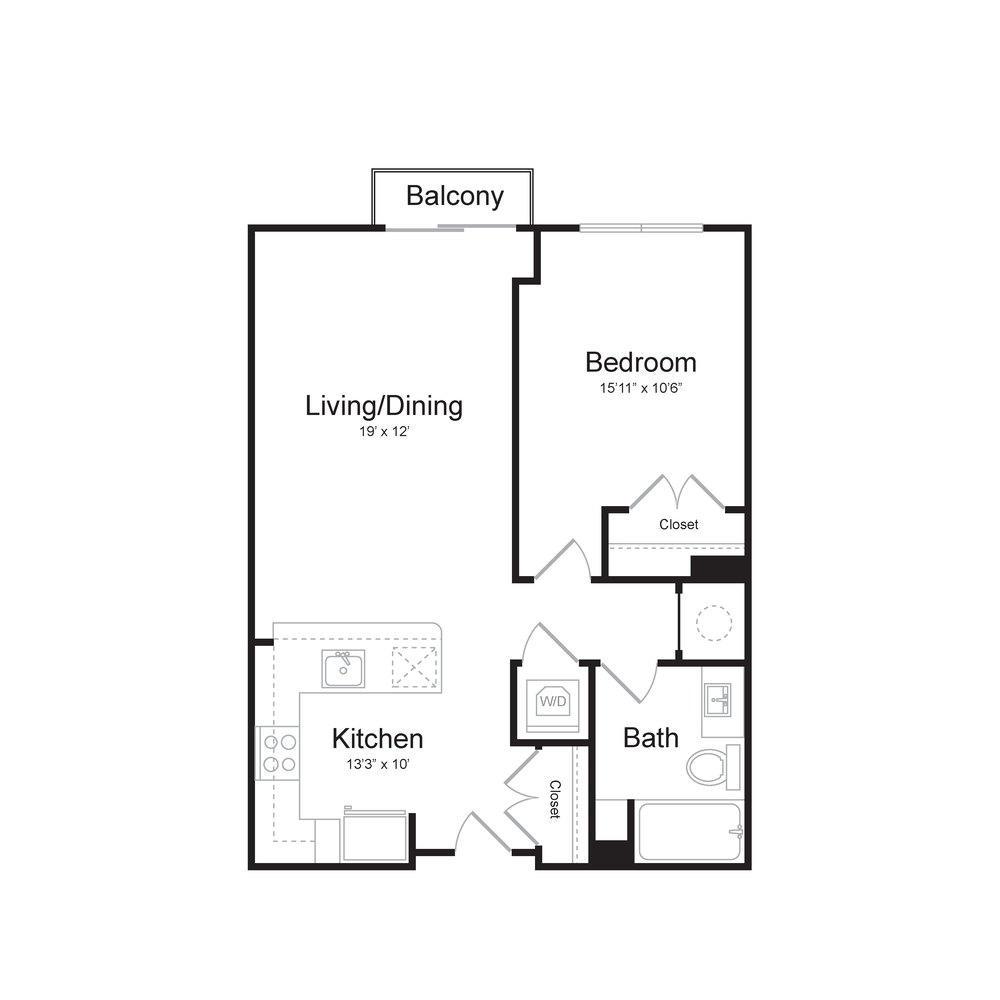 One Bedroom/One Bath (1B-A) Balcony floor plan