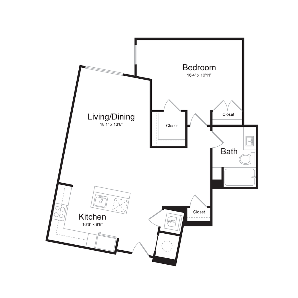 One Bedroom/One Bath (1J-A) floor plan