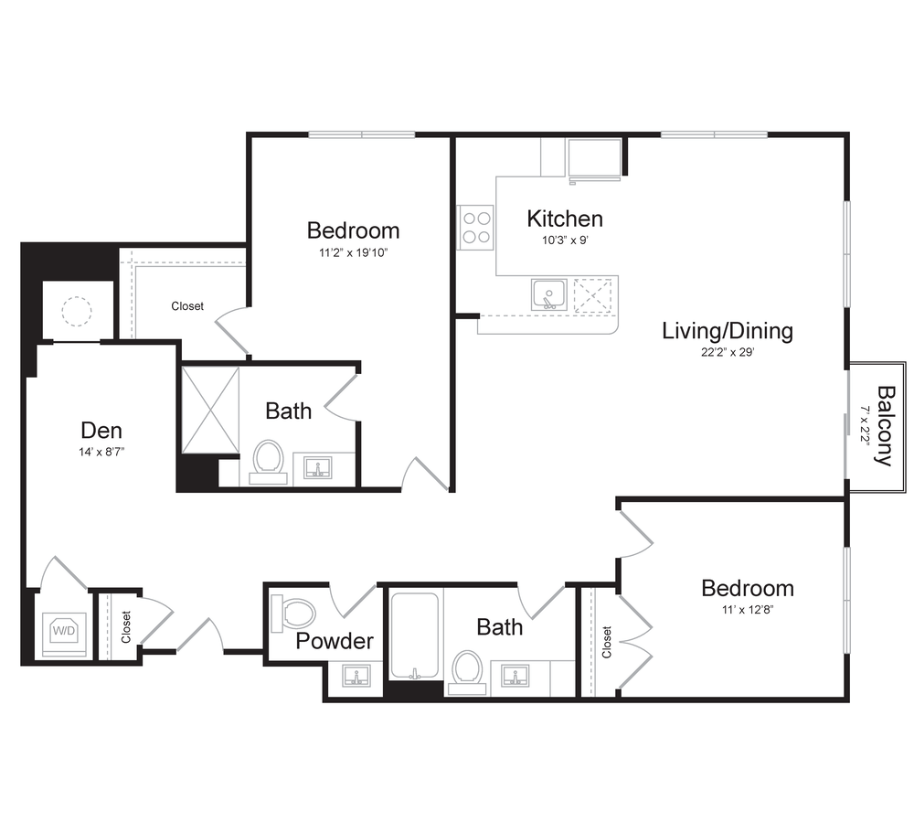 Two Bedroom/Two Bath (2F-A) Den and Balcony floor plan