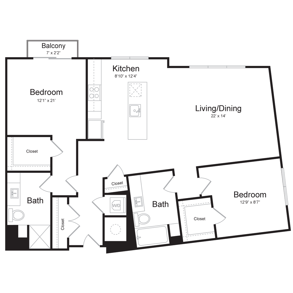 Two Bedroom/Two Bath (2E-A) Balcony floor plan