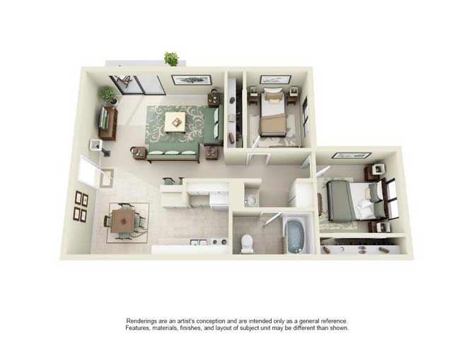 2 BED 1 BATH floor plan
