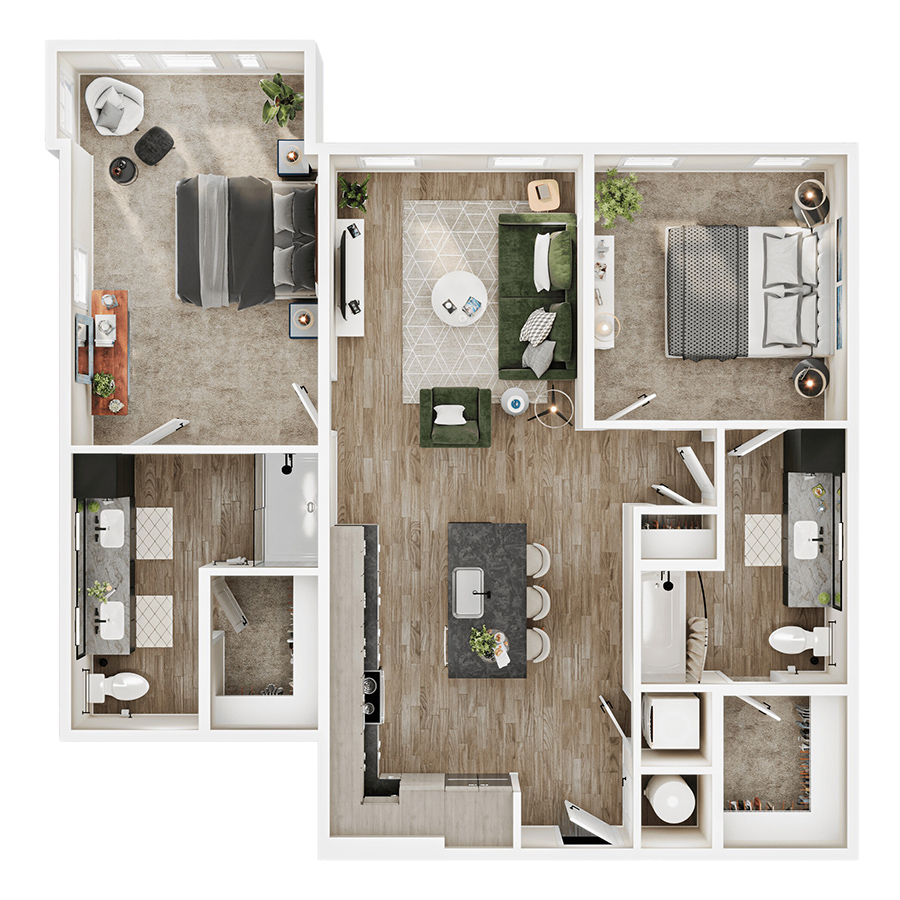 Rendering of the B6 floor plan with 2 bedroom[s] and 2 bathroom[s] at Mirra