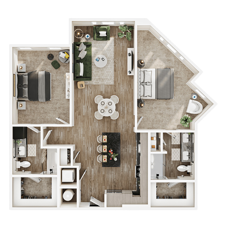 Rendering of the B8 floor plan with 2 bedroom[s] and 2 bathroom[s] at Mirra