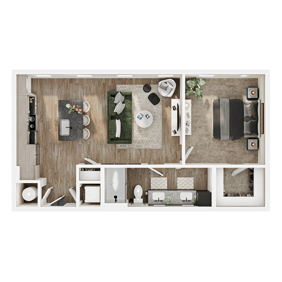 Rendering of the A5 floor plan with 1 bedroom[s] and 1 bathroom[s] at Mirra