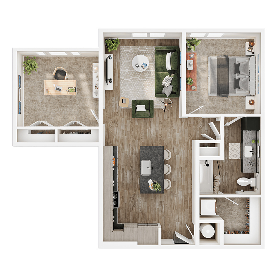 Rendering of the A16 floor plan with 1 bedroom[s] and 1 bathroom[s] at Mirra