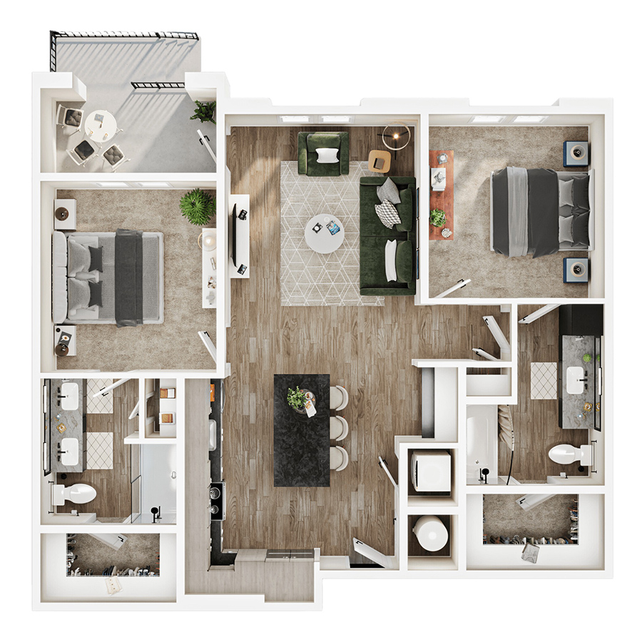 Rendering of the B2 floor plan with 2 bedroom[s] and 2 bathroom[s] at Mirra