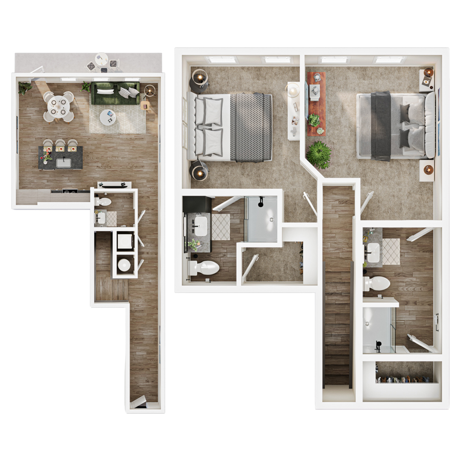 Rendering of the Loft 1 floor plan with 2 bedroom[s] and 2 bathroom[s] at Mirra