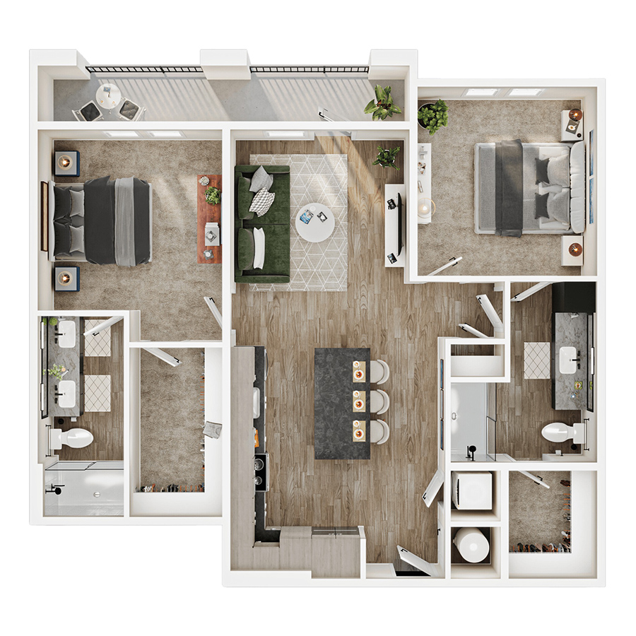 Rendering of the B1 floor plan with 2 bedroom[s] and 2 bathroom[s] at Mirra