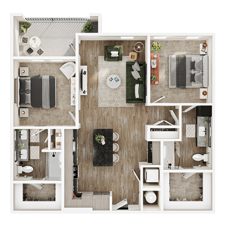 Rendering of the B4 floor plan with 2 bedroom[s] and 2 bathroom[s] at Mirra