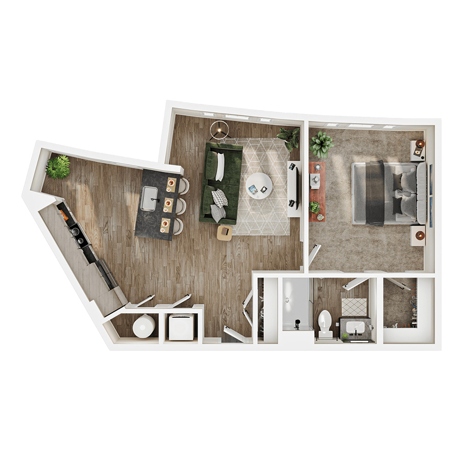 Rendering of the A4 floor plan with 1 bedroom[s] and 1 bathroom[s] at Mirra