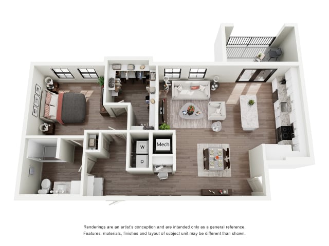 Rendering of the A2B floor plan with 1 bedroom[s] and 1 bathroom[s] at Silo Morrison Ranch