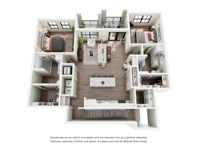 Rendering of the B3 (ANSI) floor plan with 2 bedroom[s] and 2 bathroom[s] at Silo Morrison Ranch