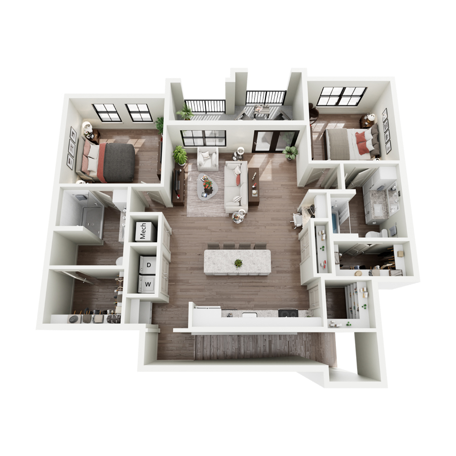 Rendering of the B2A floor plan with 2 bedroom[s] and 2 bathroom[s] at Silo Morrison Ranch