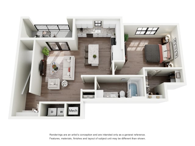Rendering of the A2A floor plan with 1 bedroom[s] and 1 bathroom[s] at Silo Morrison Ranch