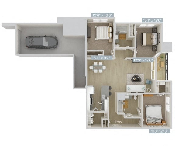#004-4102 - 3 bedroom floorplan layout with 2 bathrooms and 1295 square feet