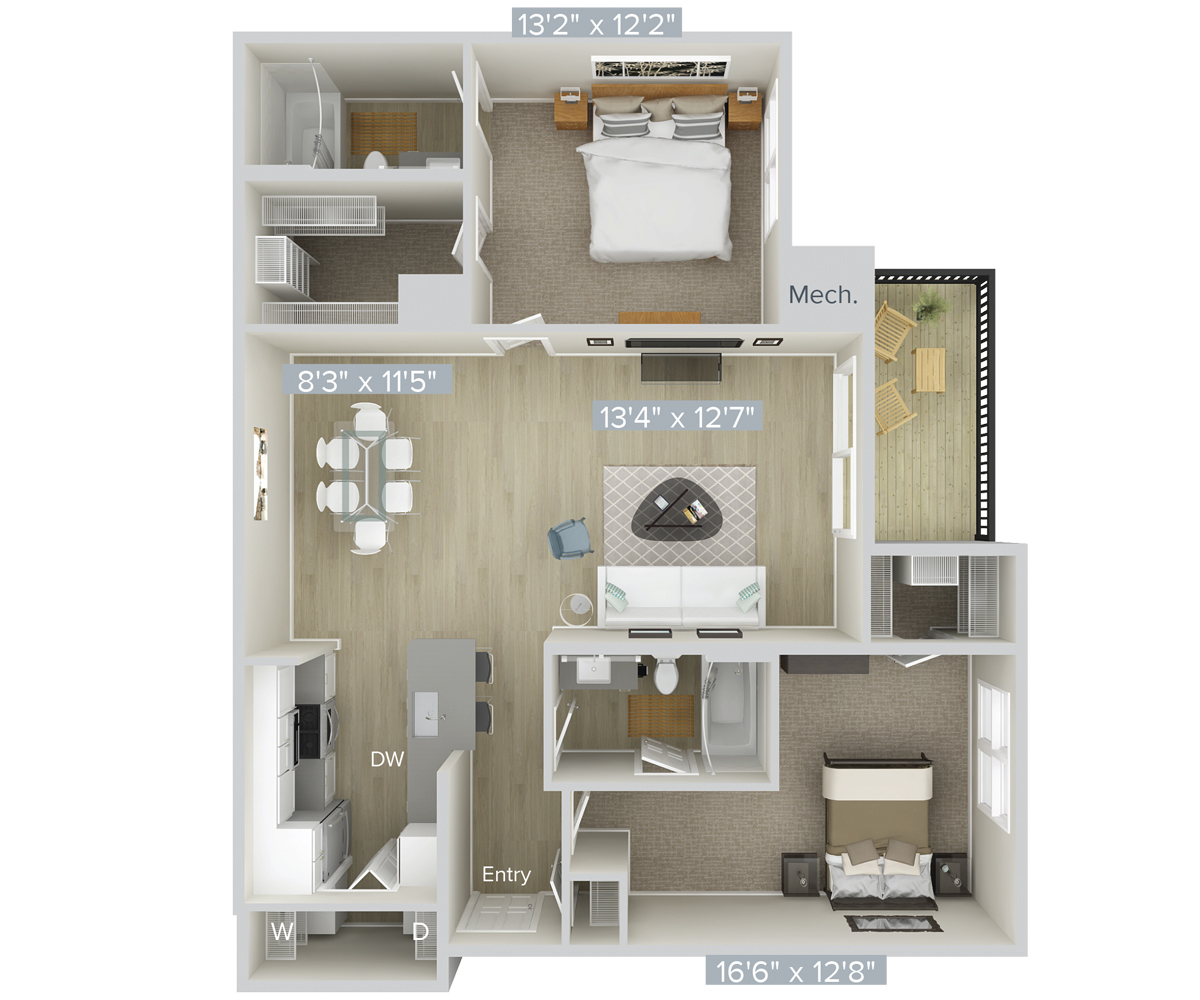 #007-7124 - 2 bedroom floorplan layout with 2 bathrooms and 1115 square feet