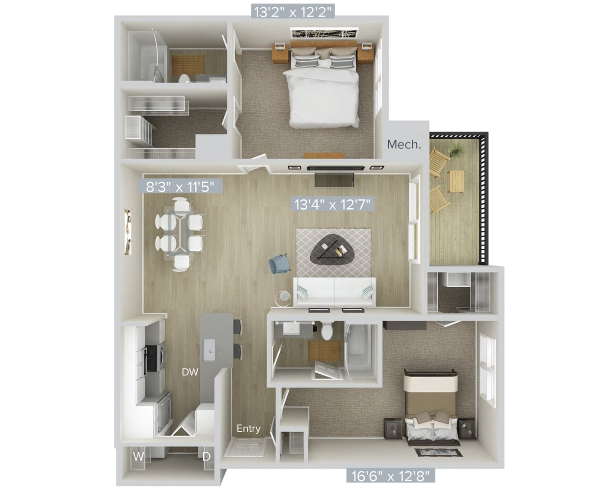 #007-7111 - 2 bedroom floorplan layout with 2 bathrooms and 1115 square feet