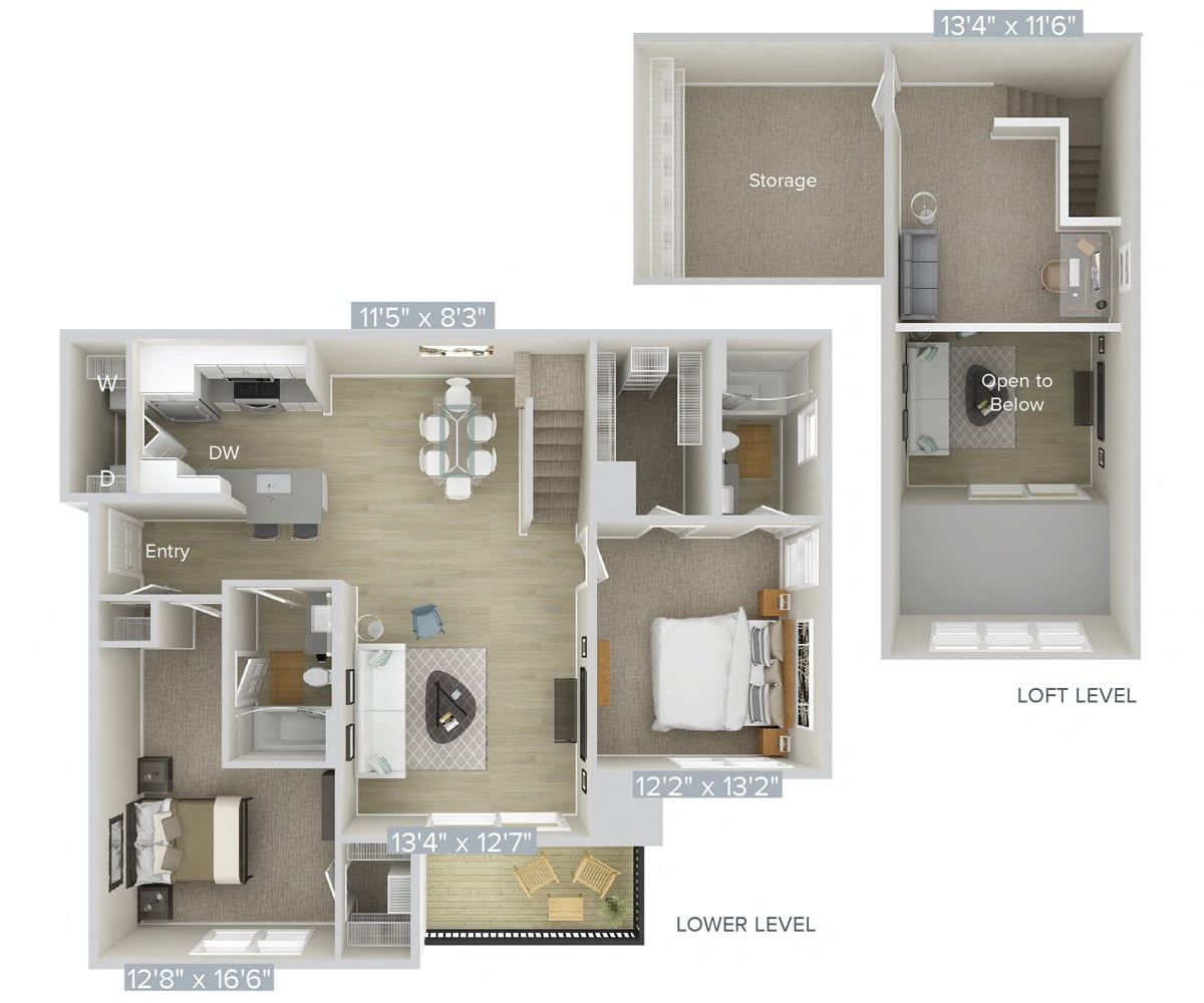 #007-7134 - 2 bedroom floorplan layout with 2 bathrooms and 1332 square feet