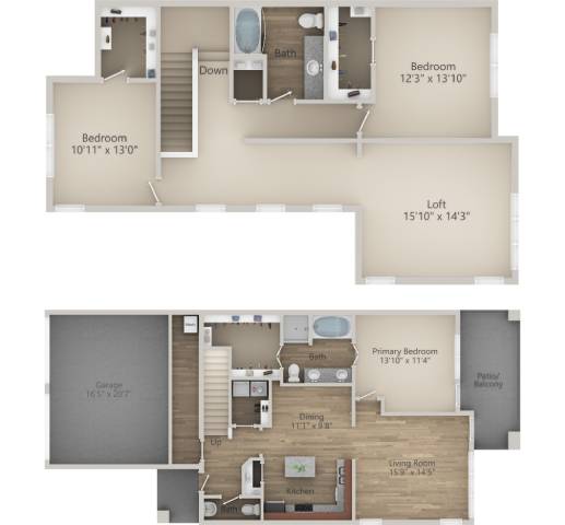 3 BR 2.5 Bath Townhouse floor plan