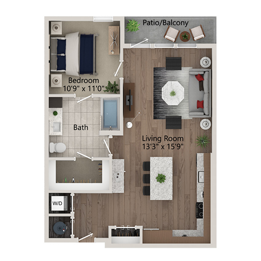 Rendering of the A5 floor plan with 1 bedroom[s] and 1 bathroom[s] at Ferro Yardi