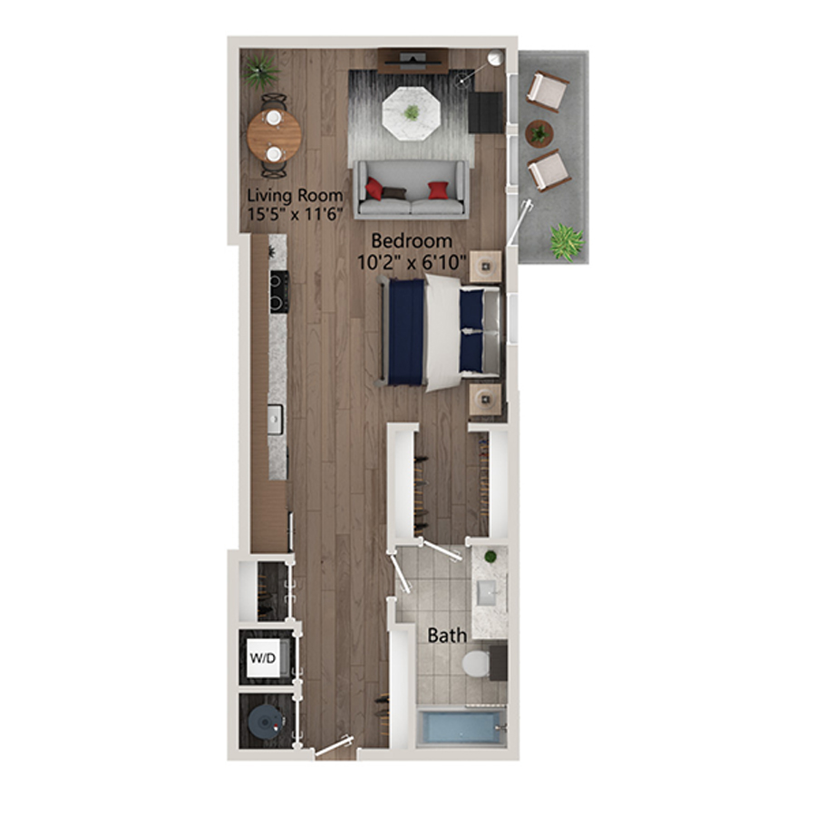 Rendering of the S1 floor plan with a Studio bedroom and 1 bathroom[s] at Ferro Yardi