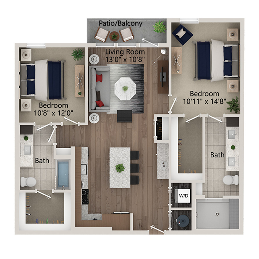Rendering of the B6 floor plan with 2 bedroom[s] and 2 bathroom[s] at Ferro Yardi