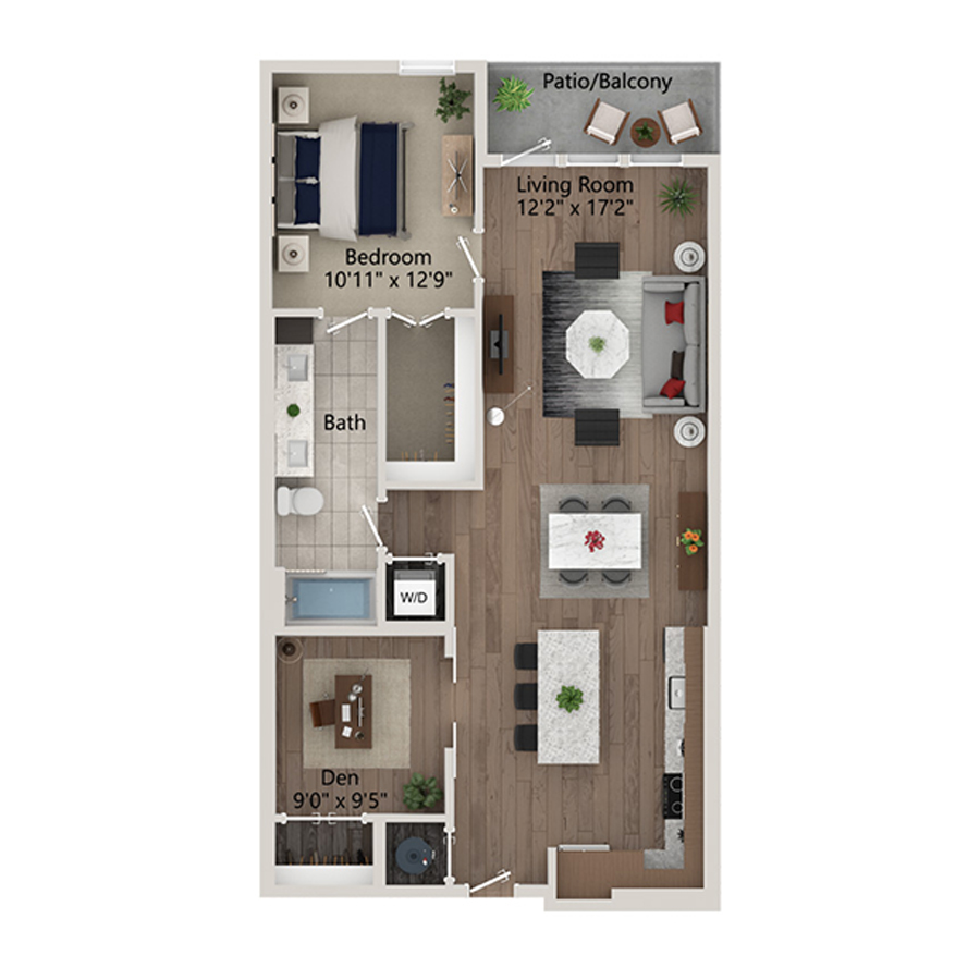 Rendering of the A1D floor plan with 1 bedroom[s] and 1 bathroom[s] at Ferro Yardi