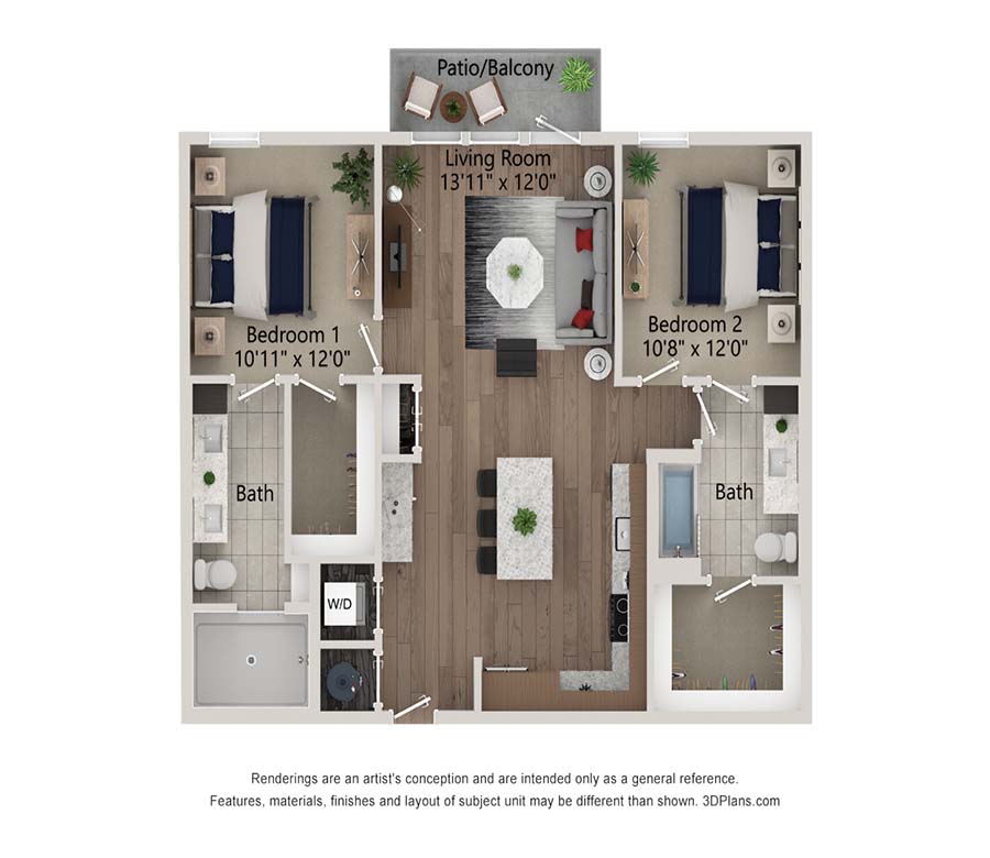 Rendering of the B3 - 1080 floor plan with 2 bedroom[s] and 2 bathroom[s] at Ferro Yardi