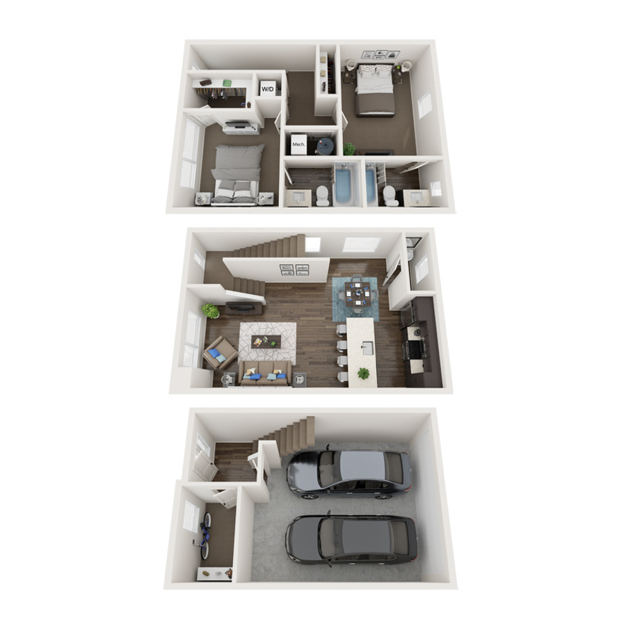 Rendering of the TH-2 floor plan with 2 bedroom[s] and 2.5 bathroom[s] at thePEARL