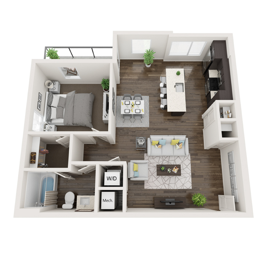 Rendering of the 1a floor plan with 1 bedroom[s] and 1 bathroom[s] at thePEARL