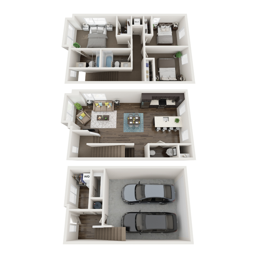 Rendering of the TH-3a floor plan with 3 bedroom[s] and 2.5 bathroom[s] at thePEARL