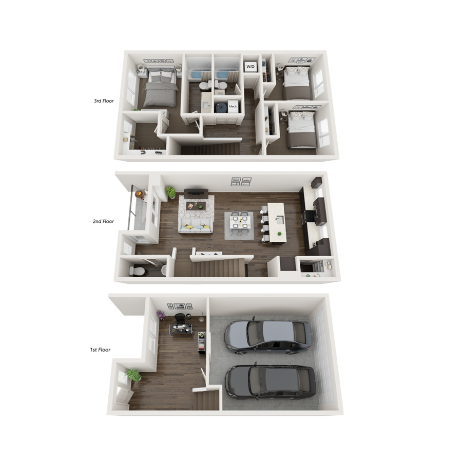 Rendering of the TH-3b floor plan with 3 bedroom[s] and 2.5 bathroom[s] at thePEARL