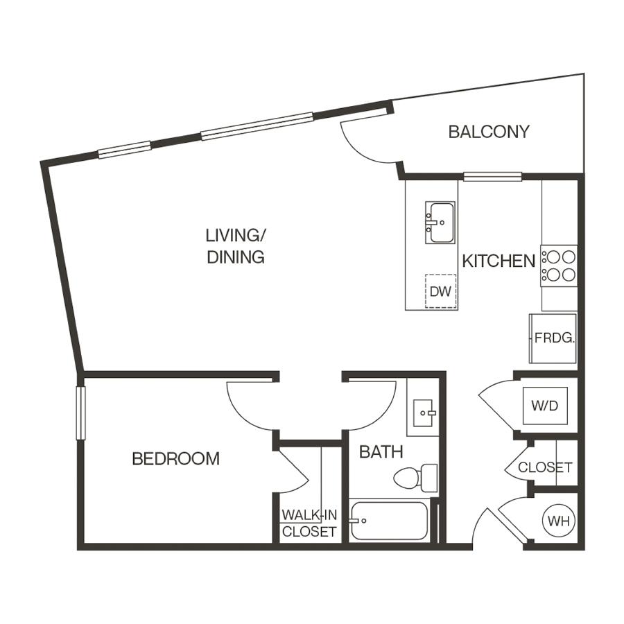 Rendering of the 1e floor plan with 1 bedroom[s] and 1 bathroom[s] at thePEARL