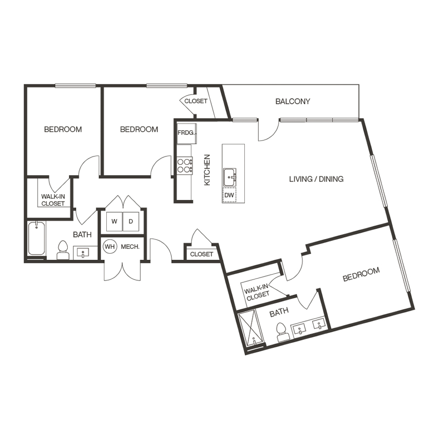 Rendering of the 3a floor plan with 3 bedroom[s] and 2 bathroom[s] at thePEARL