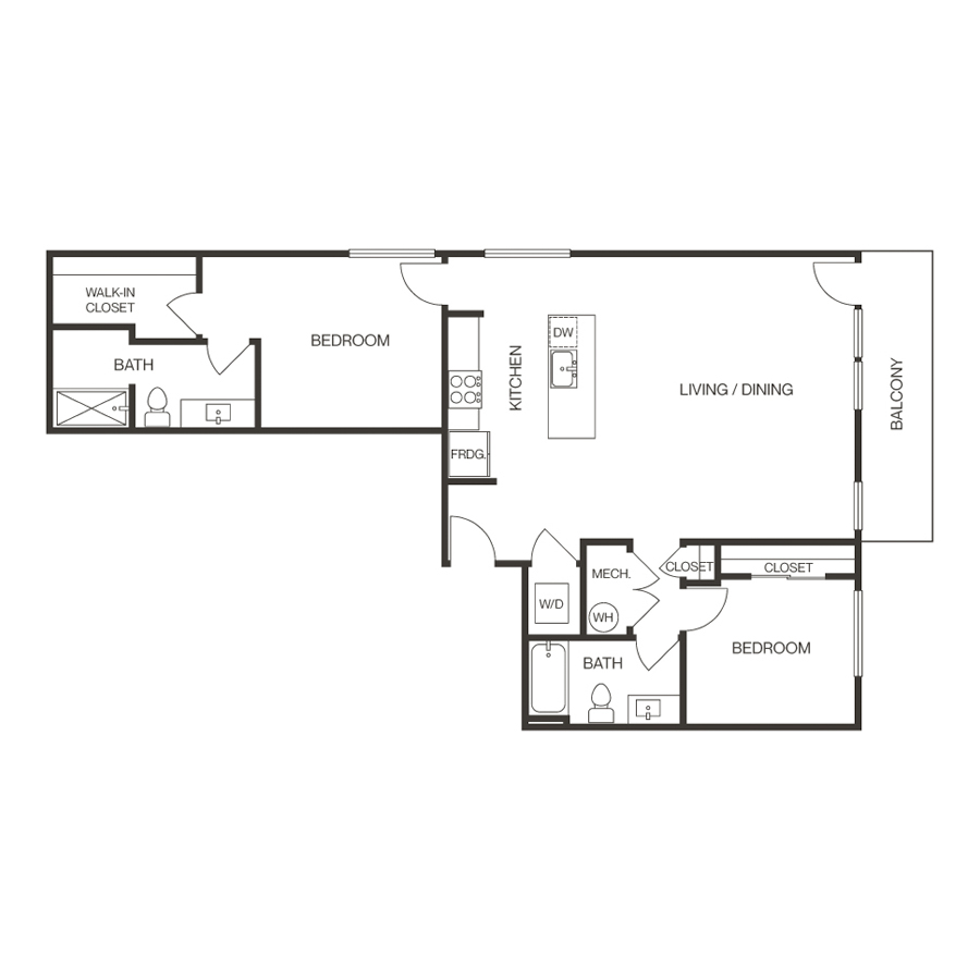 Rendering of the 2e floor plan with 2 bedroom[s] and 2 bathroom[s] at thePEARL
