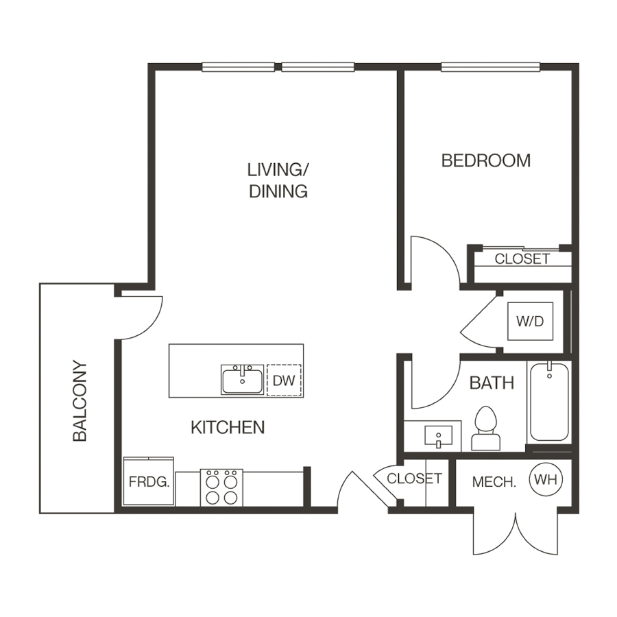 Rendering of the 1f floor plan with 1 bedroom[s] and 1 bathroom[s] at thePEARL