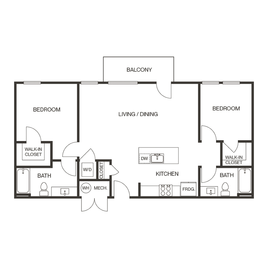 Rendering of the 2c floor plan with 2 bedroom[s] and 2 bathroom[s] at thePEARL