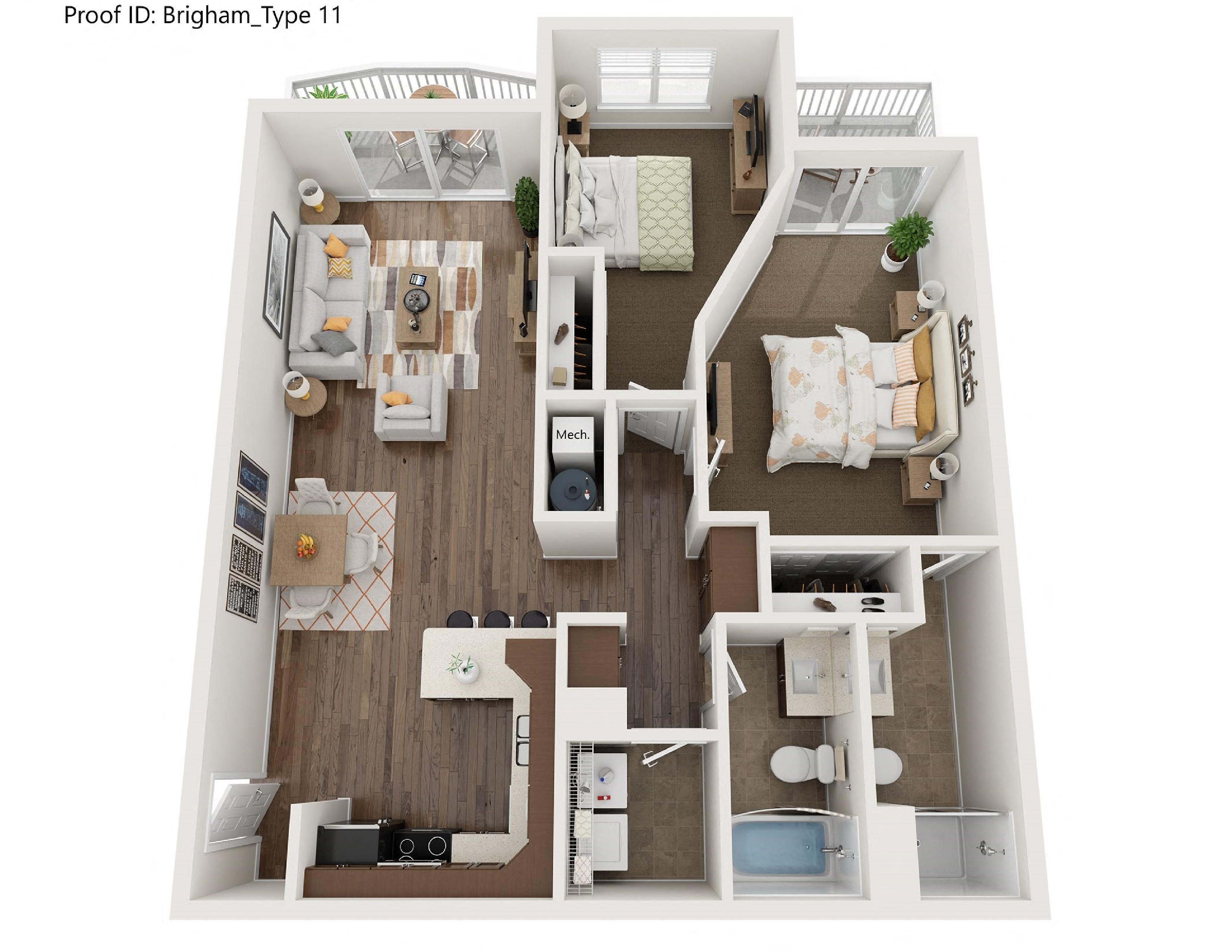 #827 - 2 bedroom floorplan layout with 2 bathrooms and 959 square feet