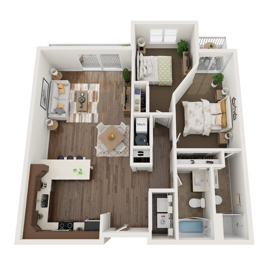 #F419 - 2 bedroom floorplan layout with 2 bathrooms and 966 square feet