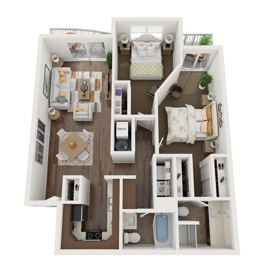 #111 - 2 bedroom floorplan layout with 2 bathrooms and 931 square feet
