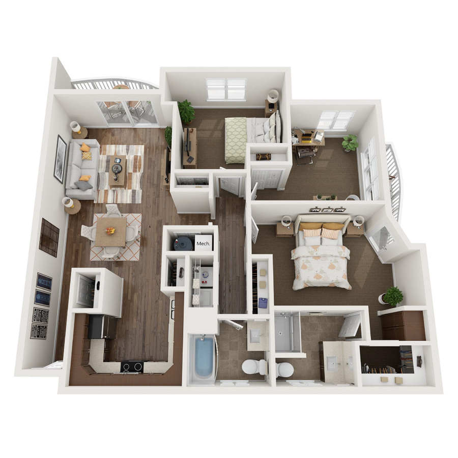 #501 - 3 bedroom floorplan layout with 2 bathrooms and 1293 square feet