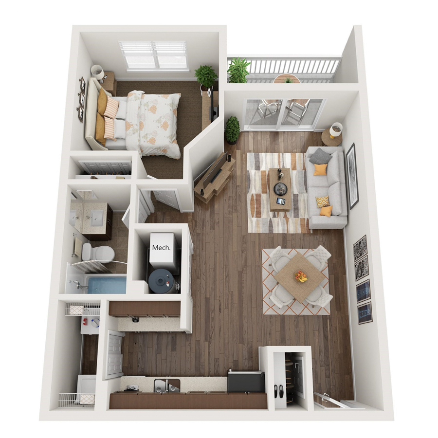 #F111 - 1 bedroom floorplan layout with 1 bathroom and 680 square feet
