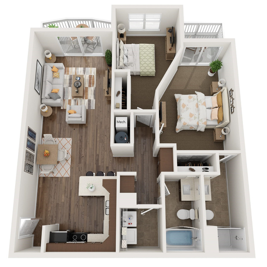 #607 - 2 bedroom floorplan layout with 2 bathrooms and 969 square feet