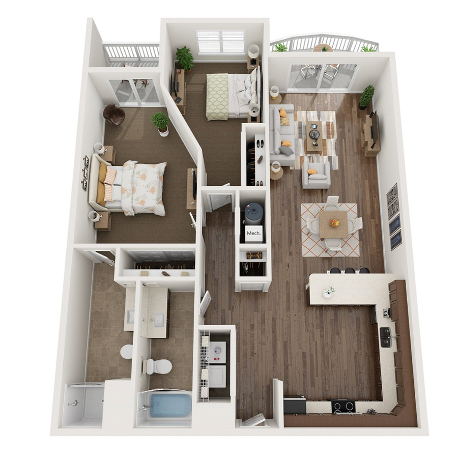 #835 - 2 bedroom floorplan layout with 2 bathrooms and 952 square feet