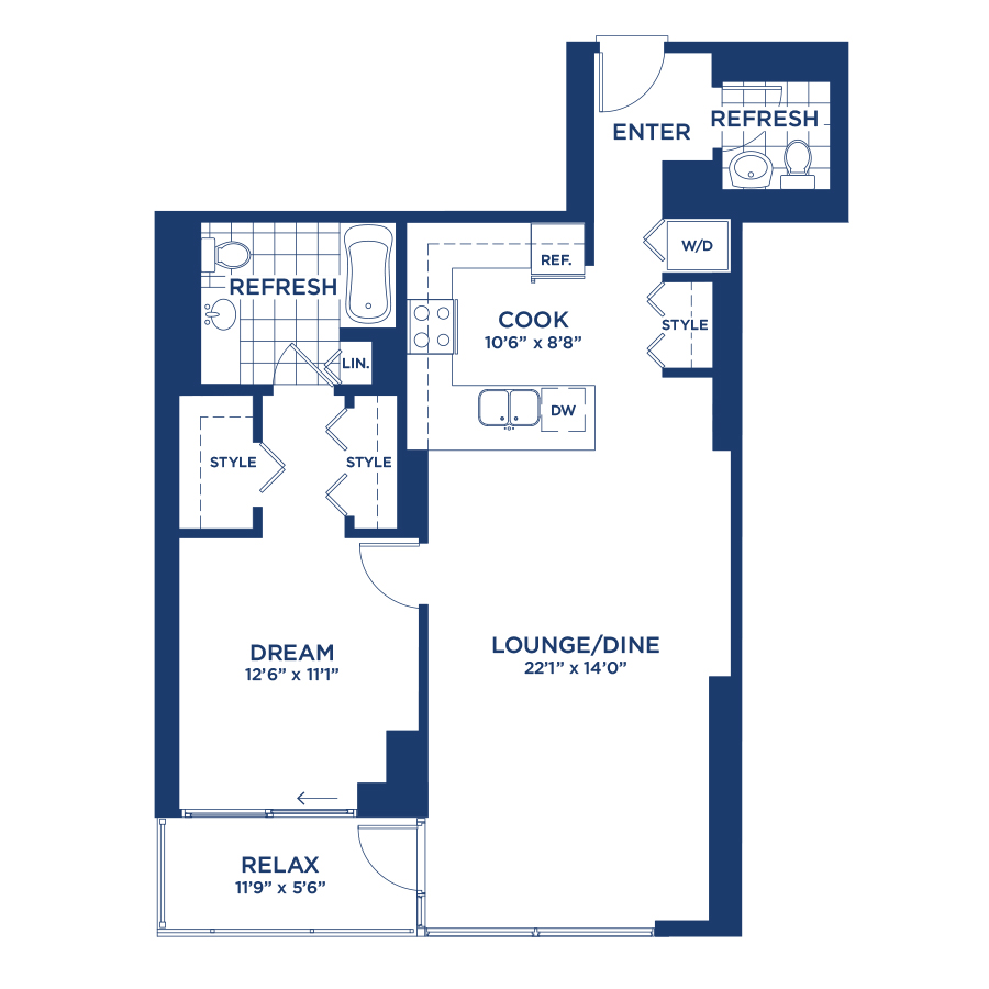 Rendering of the Residence 8 floor plan with 1 bedroom[s] and 1.5 bathroom[s] at burnhampointechicago
