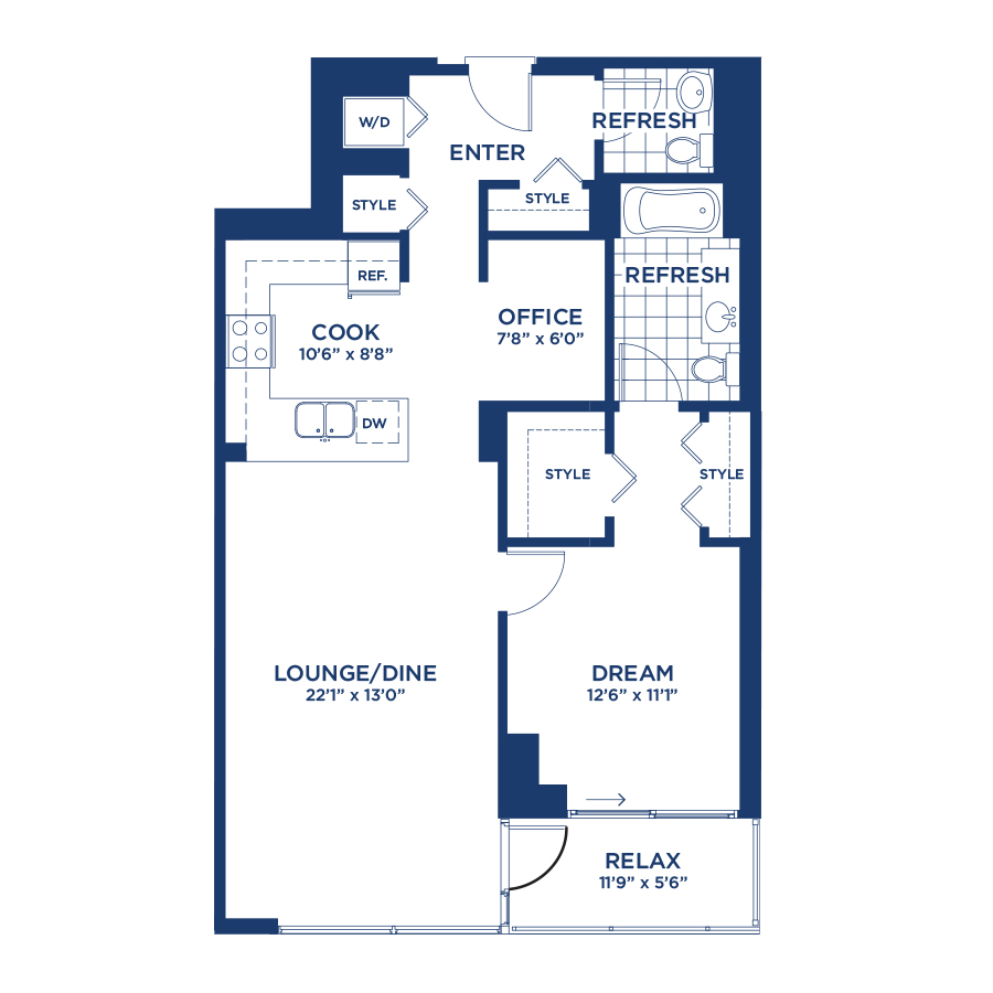 Rendering of the Residence 7 floor plan with 1 bedroom[s] and 1 bathroom[s] at burnhampointechicago